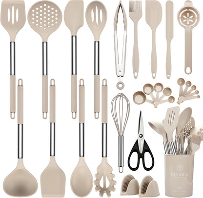 NCUE Silicone Cooking Utensils Set, 28 Pcs Kitchen Utensils Set 446°F Heat Resistant Spatula Set, Food Grade Silicone and Stainless Steel Handle Kitchen Gadgets for Nonstick Cookware BPA Free