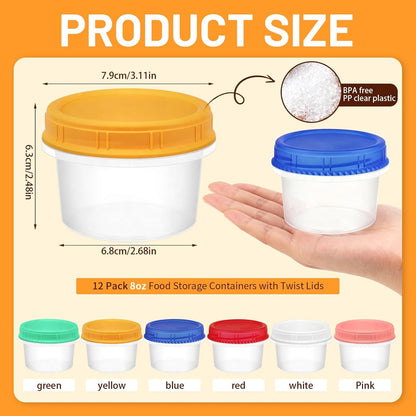 12 Pack Freezer Containers with Screw On Lids, 10oz Stackable Reusable Food Storage Container, Airtight Plastic Storage Containers with Twist Top Lids for Food Sauce Jello Soup