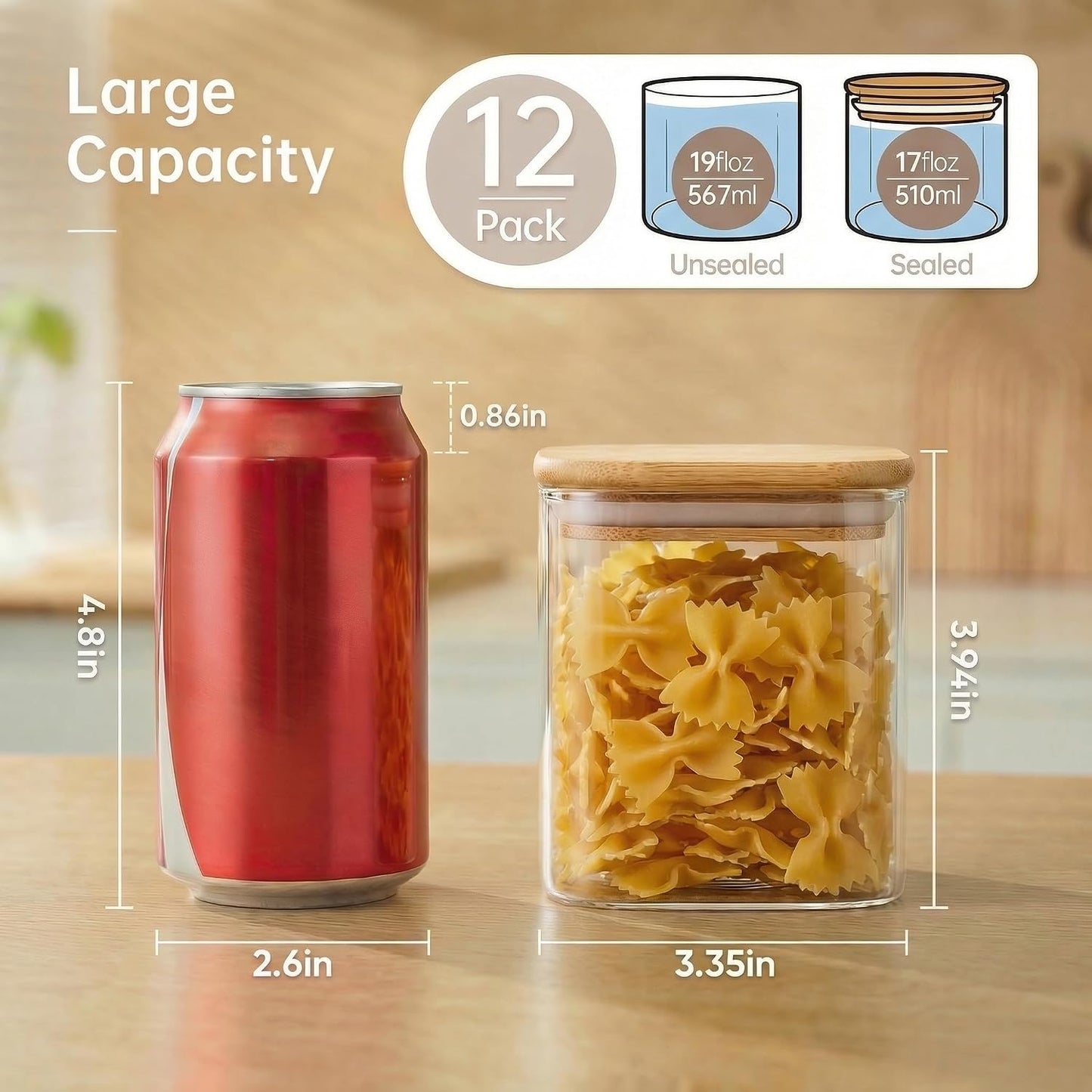 Extra Large Square Glass Flour & Sugar Storage Containers with Airtight Lids, 168oz 2 Pack Glass Jars with Bamboo Lids, Air tight Pantry Food Storage Containers for Cereal, Pasta, Rice Organizers