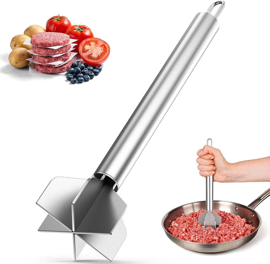 Meat Masher, Stainless Steel 6-Blade Ground Beef Masher with a Brush