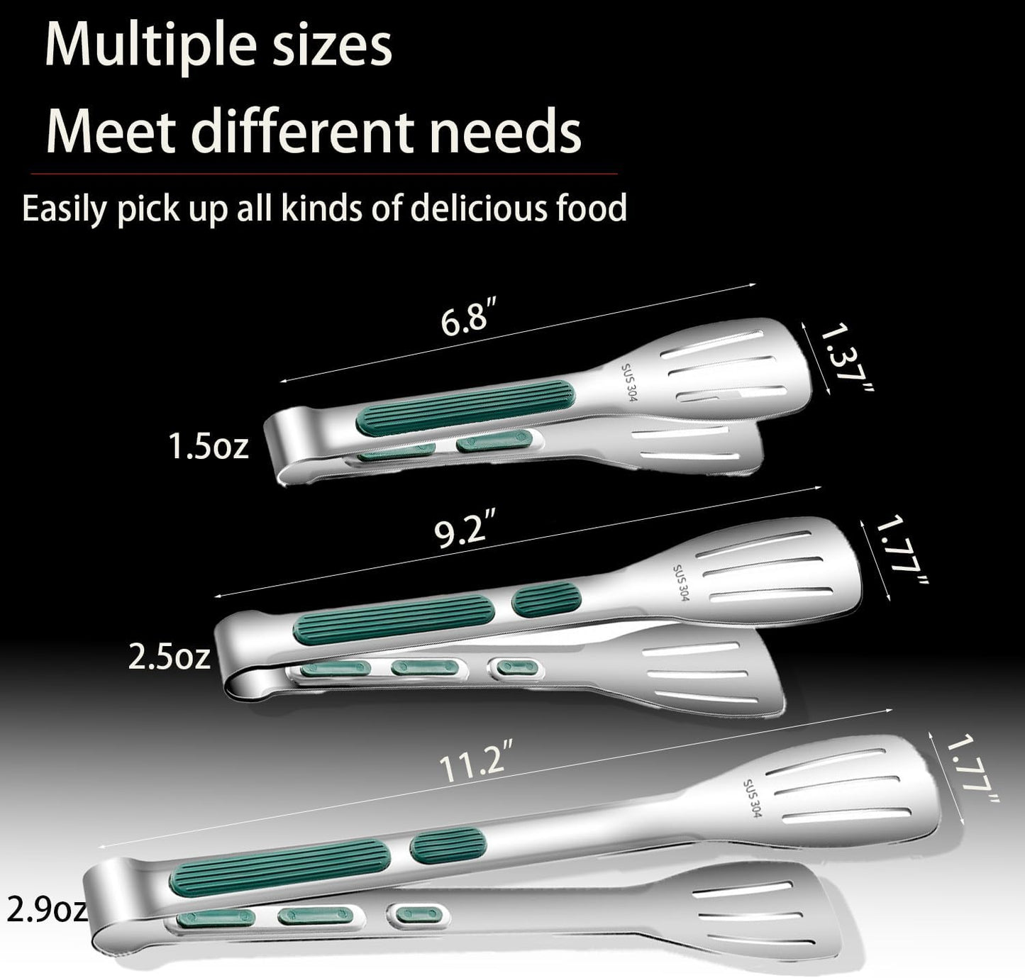 Stainless Steel Kitchen Tong Set - Anti-Slip Heat-Resistant Grip, Widened 3-Line Slotted Heads for Easy Clamping (Steaks, BBQ, Pasta, Salads), Easy Clean for Versatile Use Set of 3-6", Silver