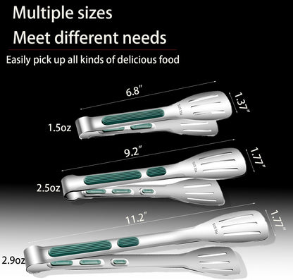 Stainless Steel Kitchen Tong Set - Anti-Slip Heat-Resistant Grip, Widened 3-Line Slotted Heads for Easy Clamping (Steaks, BBQ, Pasta, Salads), Easy Clean for Versatile Use Set of 3-6", Silver