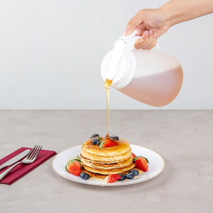 Restaurantware-Chef 101 32 Ounce All Purpose Syrup Dispenser, 1 Honey Dispenser - White Top, Stainless Steel Slide Cover, Plastic Pancake Syrup Bottle, Perfect For Diners, Restaurants, Home