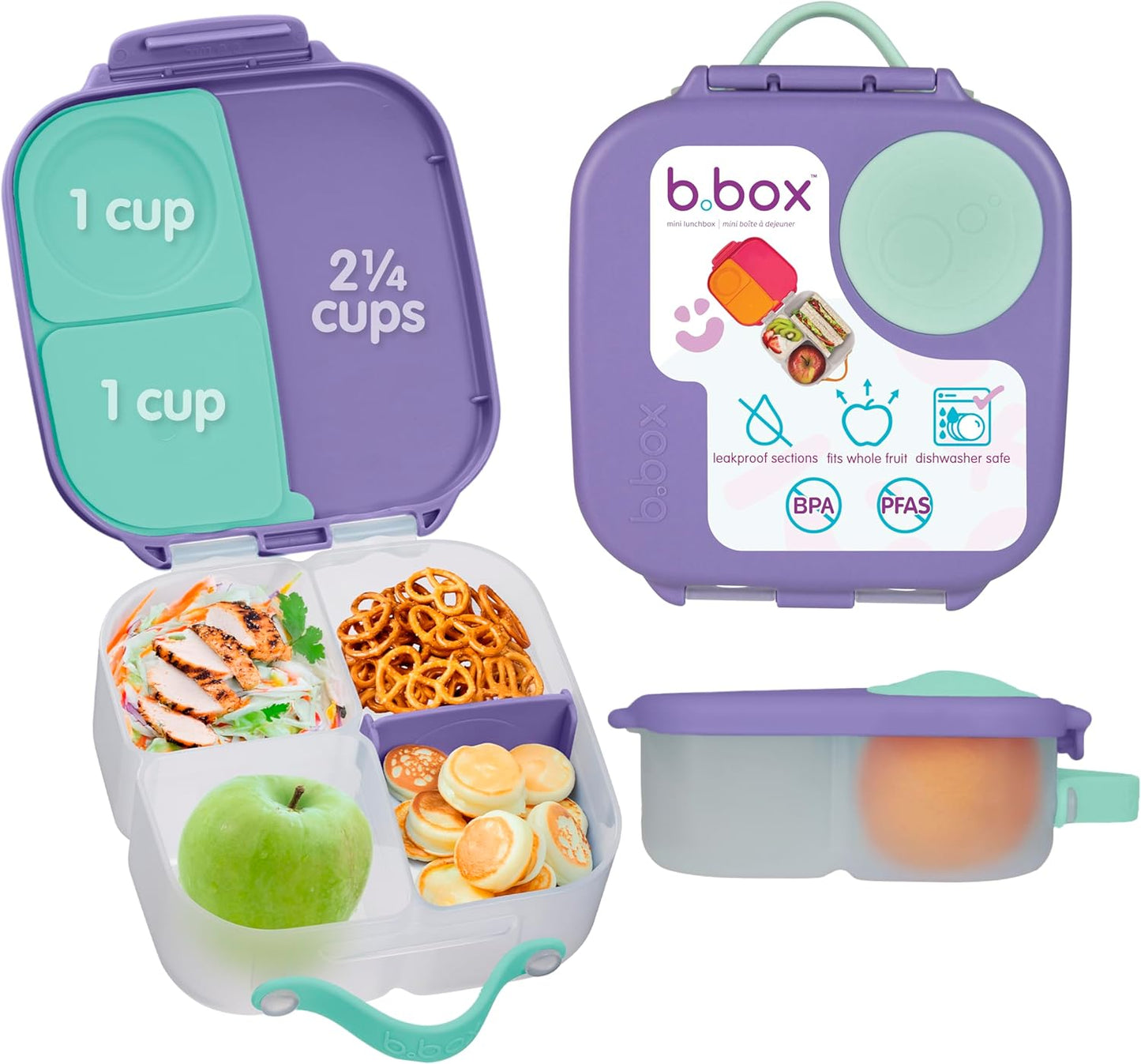 b.box Mini Lunch Box 2-Pack, Leak Proof Bento Box for Kids, 3 Compartment Snack Containers Ages 3+, Lunchbox for Daycare + School, Dishwasher Safe, BPA-Free, PFAS-Free, 4.25 Cup - Blue + Green