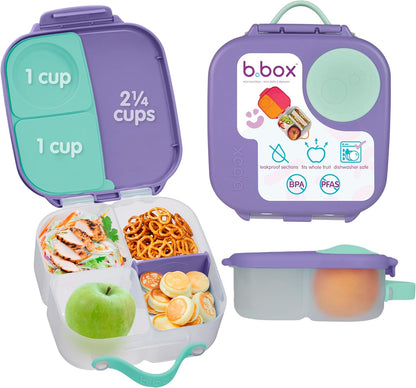 b.box Mini Lunch Box 2-Pack, Leak Proof Bento Box for Kids, 3 Compartment Snack Containers Ages 3+, Lunchbox for Daycare + School, Dishwasher Safe, BPA-Free, PFAS-Free, 4.25 Cup - Blue + Green