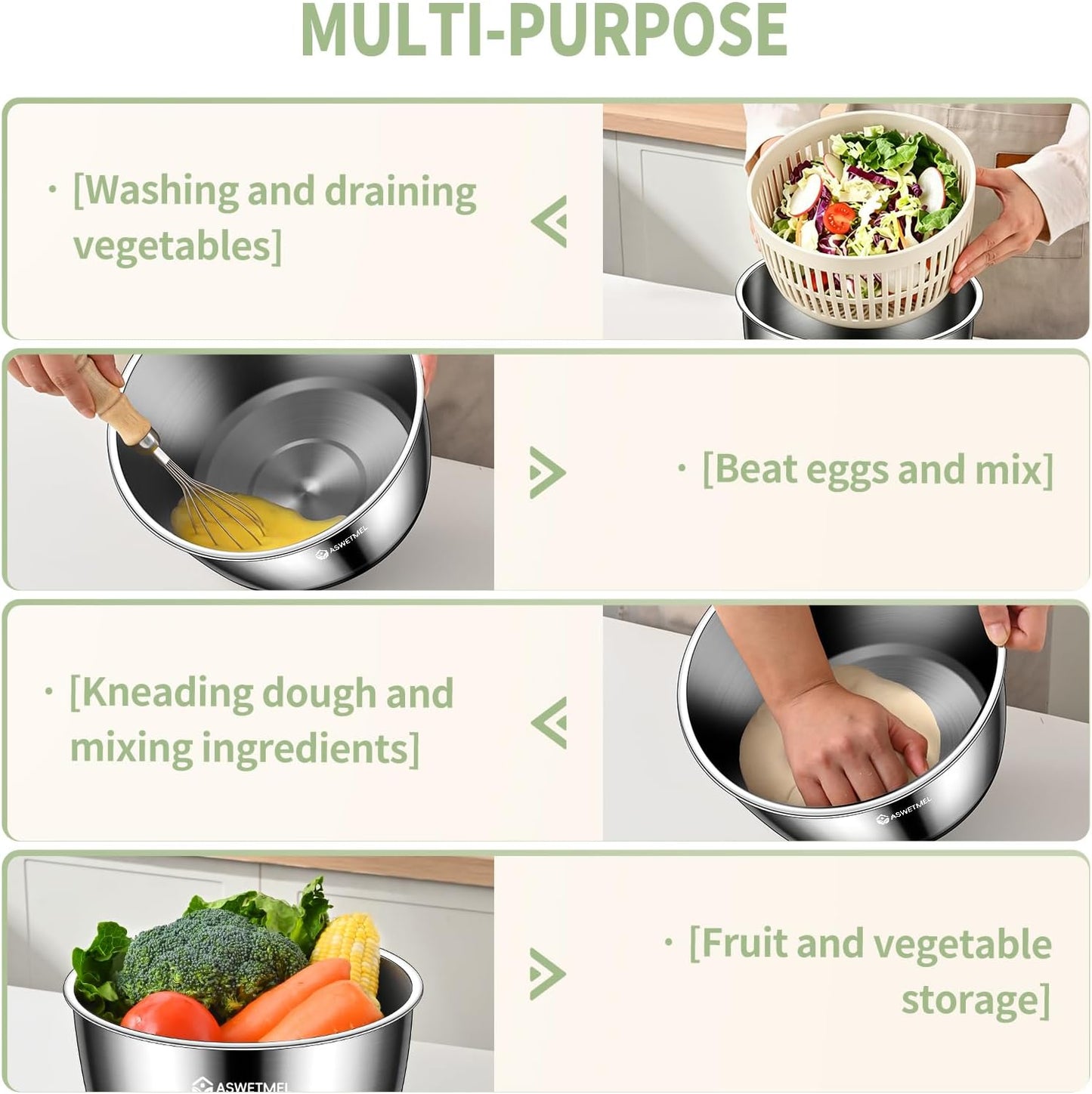 Stainless Steel Salad Spinner Large 5.3QT, ASWETMEL Stainless Salad Spinner with Non-Slip Base Lettuce Spinner, Salad Dryer Spinner for Vegetables & Fruits, Vegetable Washer, Beige