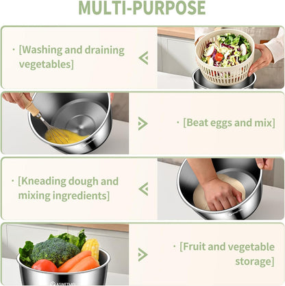 Stainless Steel Salad Spinner Large 5.3QT, ASWETMEL Stainless Salad Spinner with Non-Slip Base Lettuce Spinner, Salad Dryer Spinner for Vegetables & Fruits, Vegetable Washer, Beige
