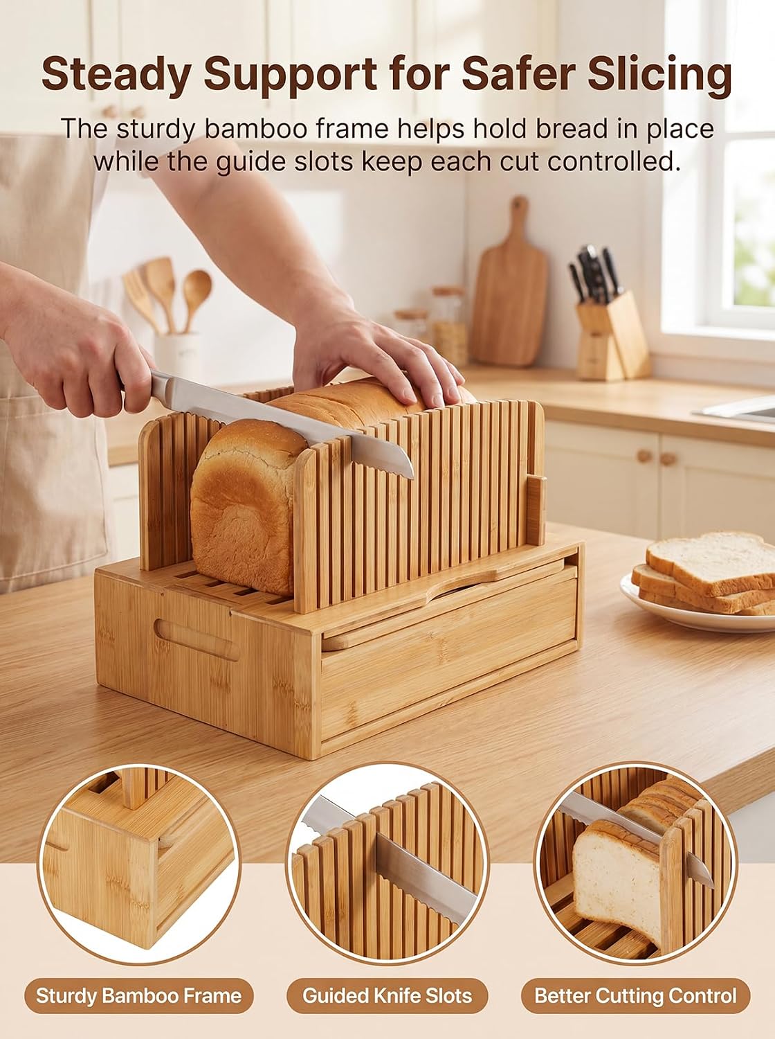 Natural Bamboo Bread Slicer, Bread Slicer Guide for Homemade Bread, Foldable Space-Saving Loaf Guide with Crumb Tray, Adjustable Thickness for Even Slices, Sturdy Cutter for Sourdough and Toast