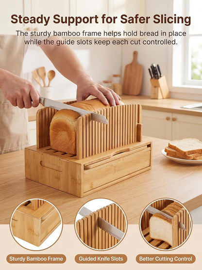 Natural Bamboo Bread Slicer, Bread Slicer Guide for Homemade Bread, Foldable Space-Saving Loaf Guide with Crumb Tray, Adjustable Thickness for Even Slices, Sturdy Cutter for Sourdough and Toast