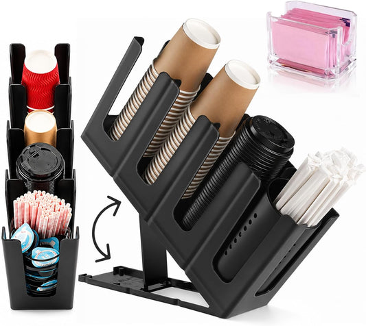 Adjustable Coffee Cup Holder Organizer – 4 Compartment Disposable Cup Dispenser with Mesh Basket for Coffee Pods, Straws, Sugar Packets – Metal Countertop Storage for Coffee Bar Accessories