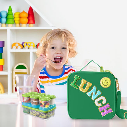 Insulated Lunch Bag With Adjustable Shoulder Strap, Nylon Preppy Lunch Box Large Insulated Lunch Bag Reusable Lunch Tote Bag with Smiley Preppy LunchBag for Girls School Travel Picnic (Green)