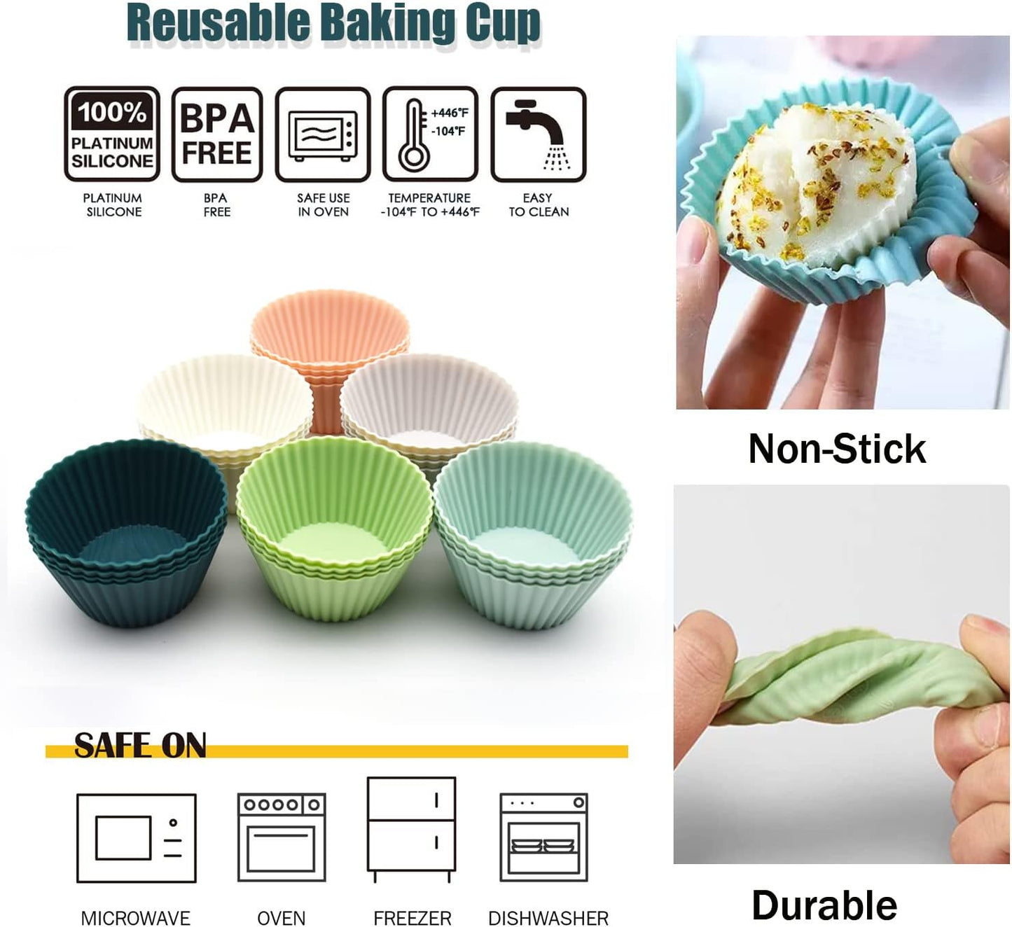 Silicone Cupcake Baking Cups 24 Pack, Reusable & Non-stick Muffin Cupcake Liners Holders Set for Party Halloween Christmas, Easy Clean Pastry Muffin Molds（Pack of 24,Multicolor）