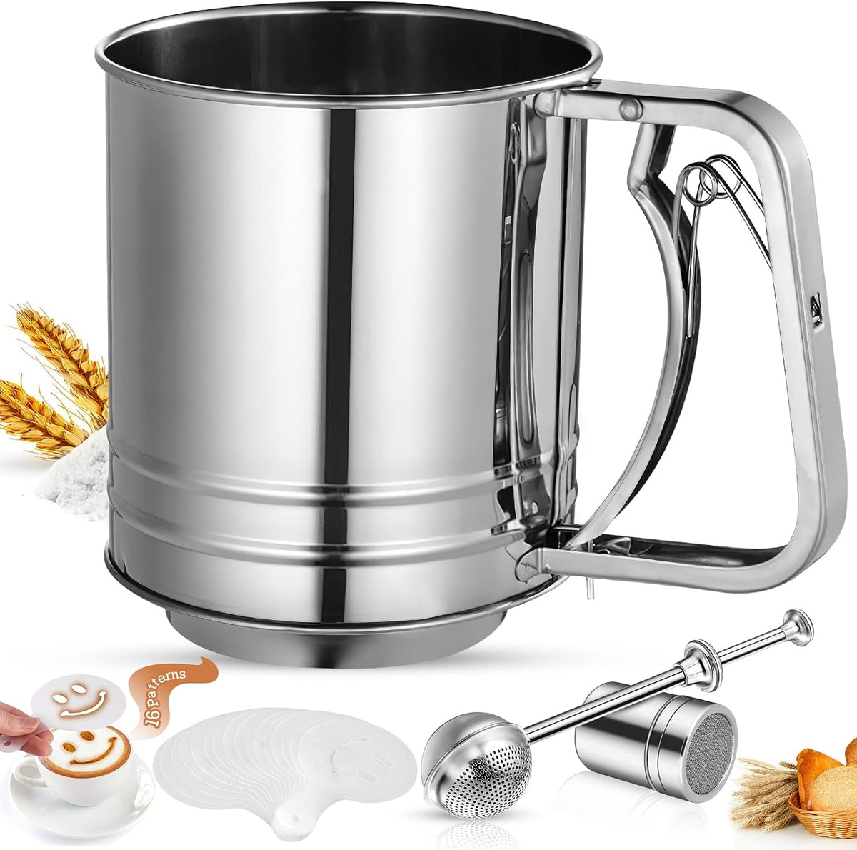 4 in1 Flour Sifter Stainless Steel, 5 Cup Flour Sifter for Baking, Sifter for Baking with Powdered Sugar Duster Set, Flour Shaker Duster for Baking Cakes, Pies, Pastries, Desserts and Cupcakes