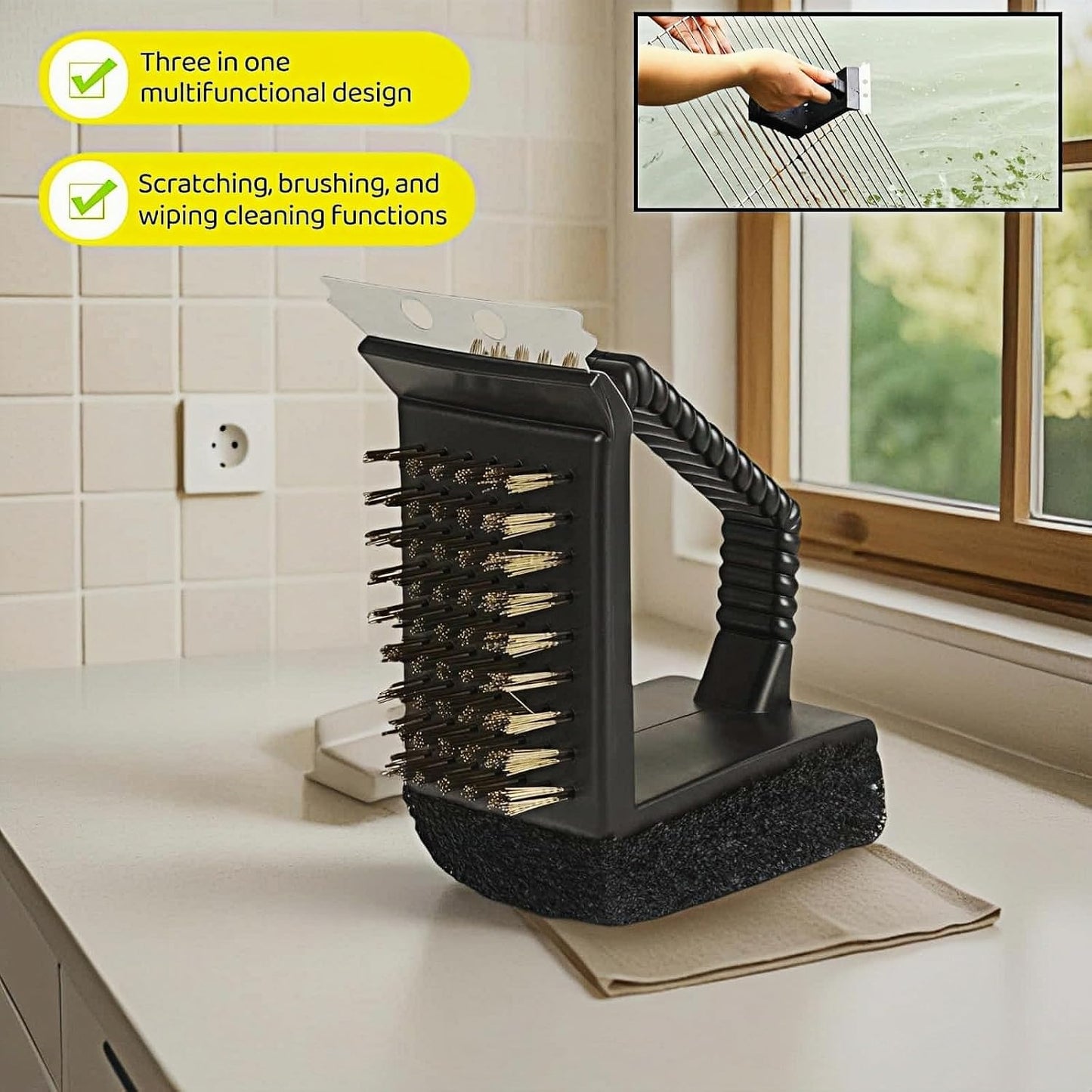 3-in-1 Heavy Duty Grill Brush with Copper Bristles, Stainless Scraper & Sponge - Angled Triangle BBQ Cleaner Tool, Non-Slip Grip for Grill Grate (Black)