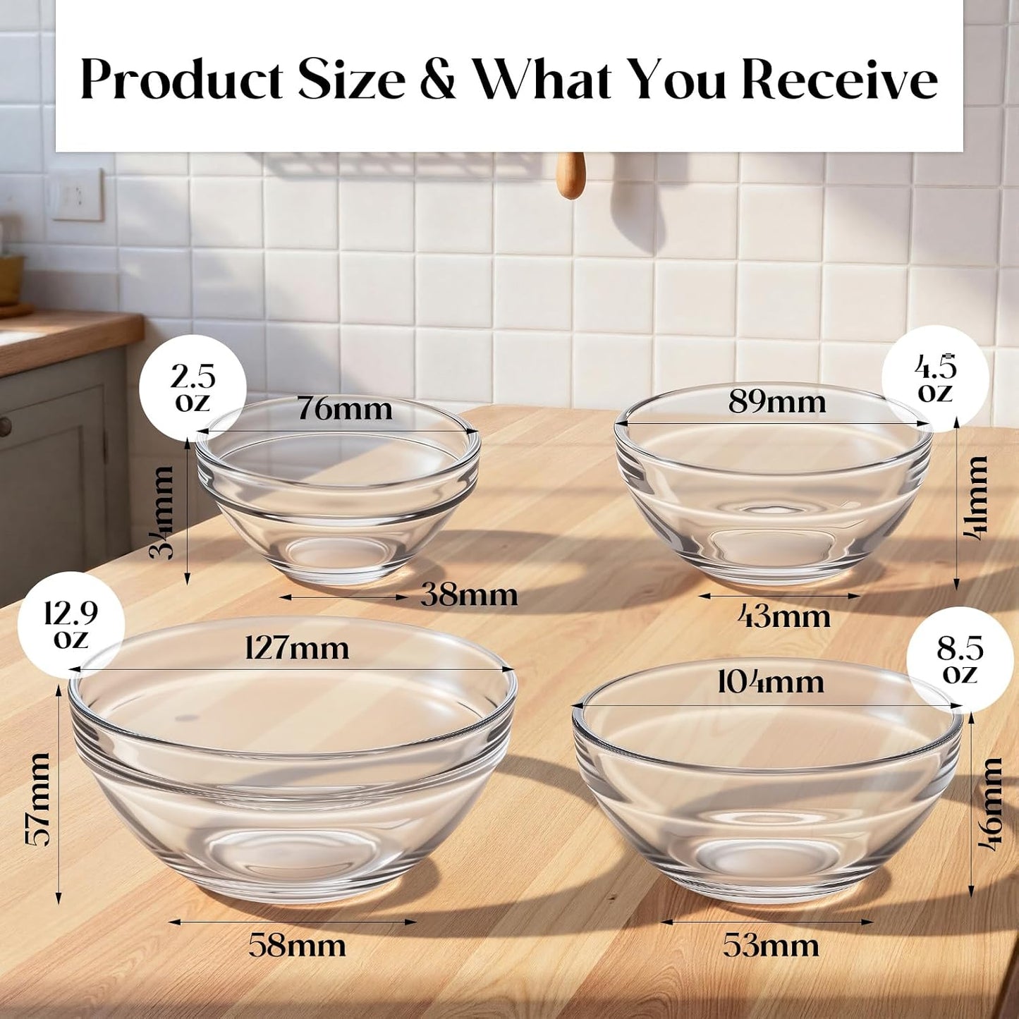LemonRoad 20 Pcs Glass Prep Bowls Sets 4 Sizes 1.5/2.5/4.5/8.5 oz Cooking Clear Small Prep Pinch Bowls Mini Stackable for Toppings, Kitchen, Salt, Spices, Dipping, Baking & Meal