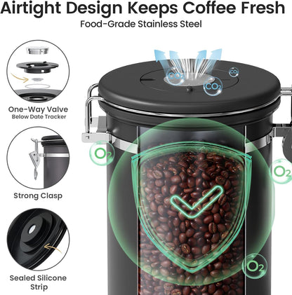 Veken Coffee Canister with Window, Family Choice Awards Winner, Airtight Stainless Steel Home Kitchen Food Storage Container with Lids for Grounds, Beans, Tea, Flour,Cereal,Sugar Jars,Scoop,16OZ,Black