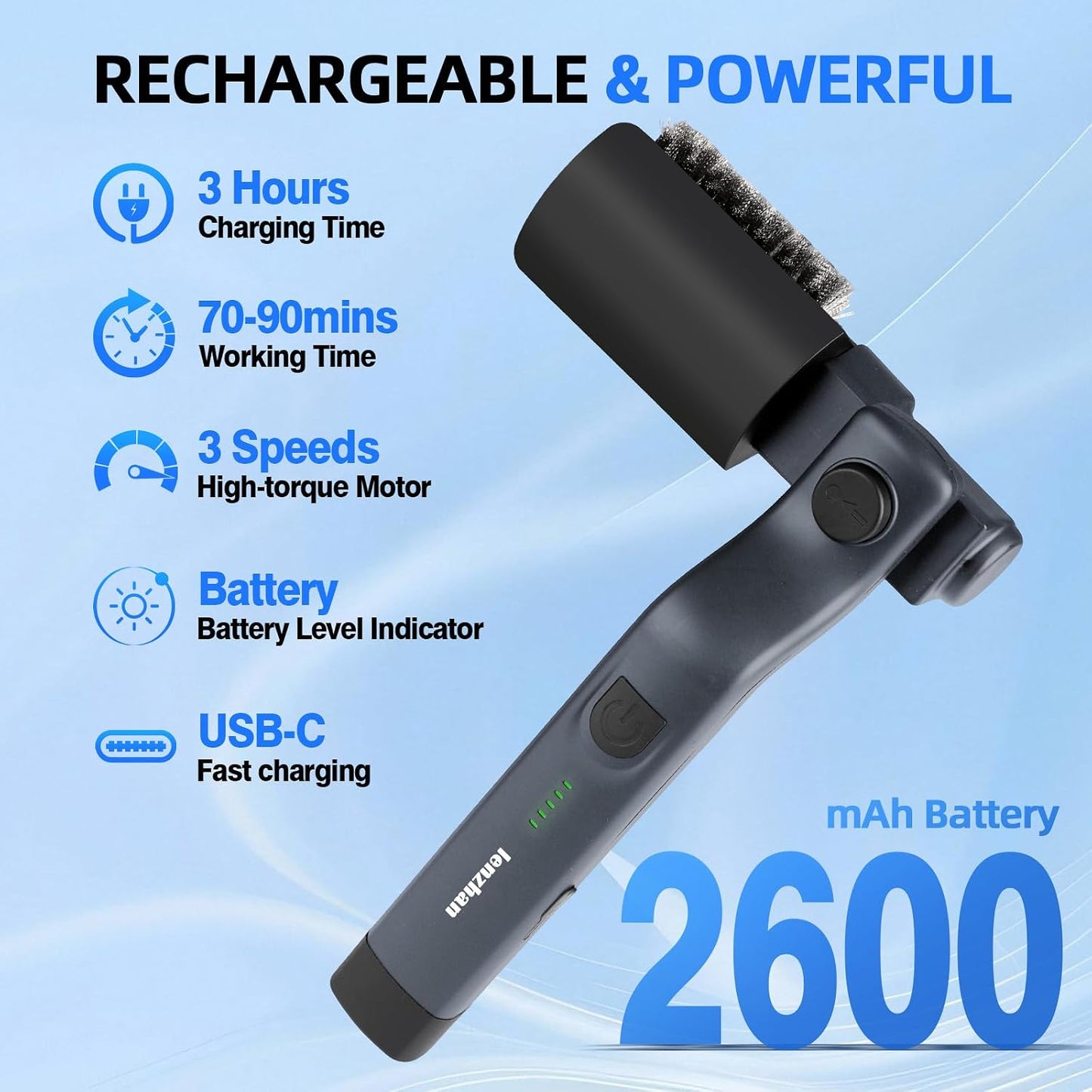 Cordless Electric Grill Brush with Adjustable Angle, 3-Speed Power Motor & Stainless Steel Head - Rechargeable, 90-Min Runtime, Waterproof Grill Cleaner for BBQ Grates & Griddles (Black)
