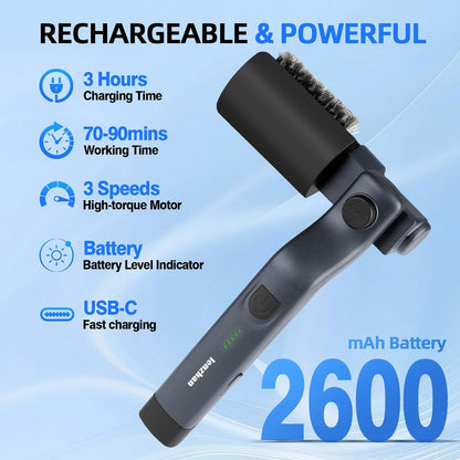 Cordless Electric Grill Brush with Adjustable Angle, 3-Speed Power Motor & Stainless Steel Head - Rechargeable, 90-Min Runtime, Waterproof Grill Cleaner for BBQ Grates & Griddles (Black)