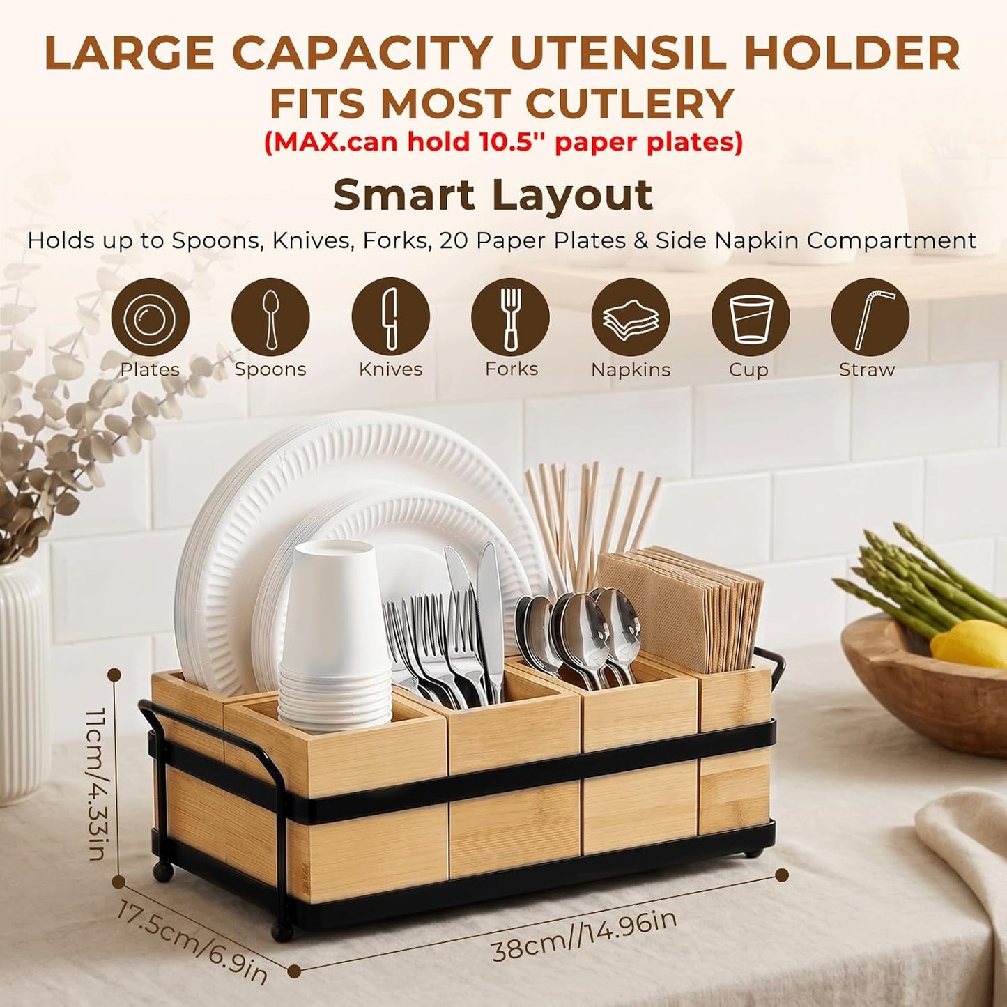 5-in-1 Bamboo Utensil Caddy and Paper Plate Organizer - Wooden Silverware Caddy with Napkin Holder and Portable Handle - Flatware Organizer for Kitchen Countertop, Camper RV, Buffet Party