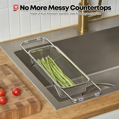 WAGENSTEIGER Extendable Dish Rack with Feet, Vegetable Colander Basket, Stainless Steel Dish or Silverware Drying Rack, Ultimate Kitchen Organizer Over the Sink (11.81 x 8.27 x 2.76 Inches)