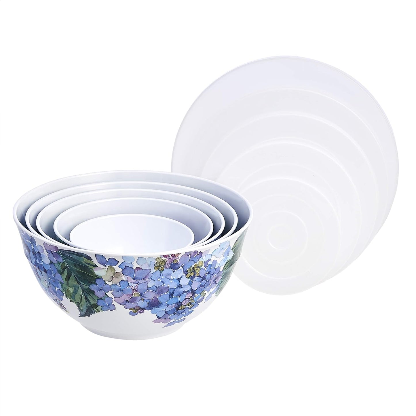 Amazon Basics Mixing Bowls with Lids, Nesting Melamine Serving Bowls, Non-Slip Base, BPA Free, Dishwasher Safe, 5 Sizes, Blue and White Floral, Set of 10