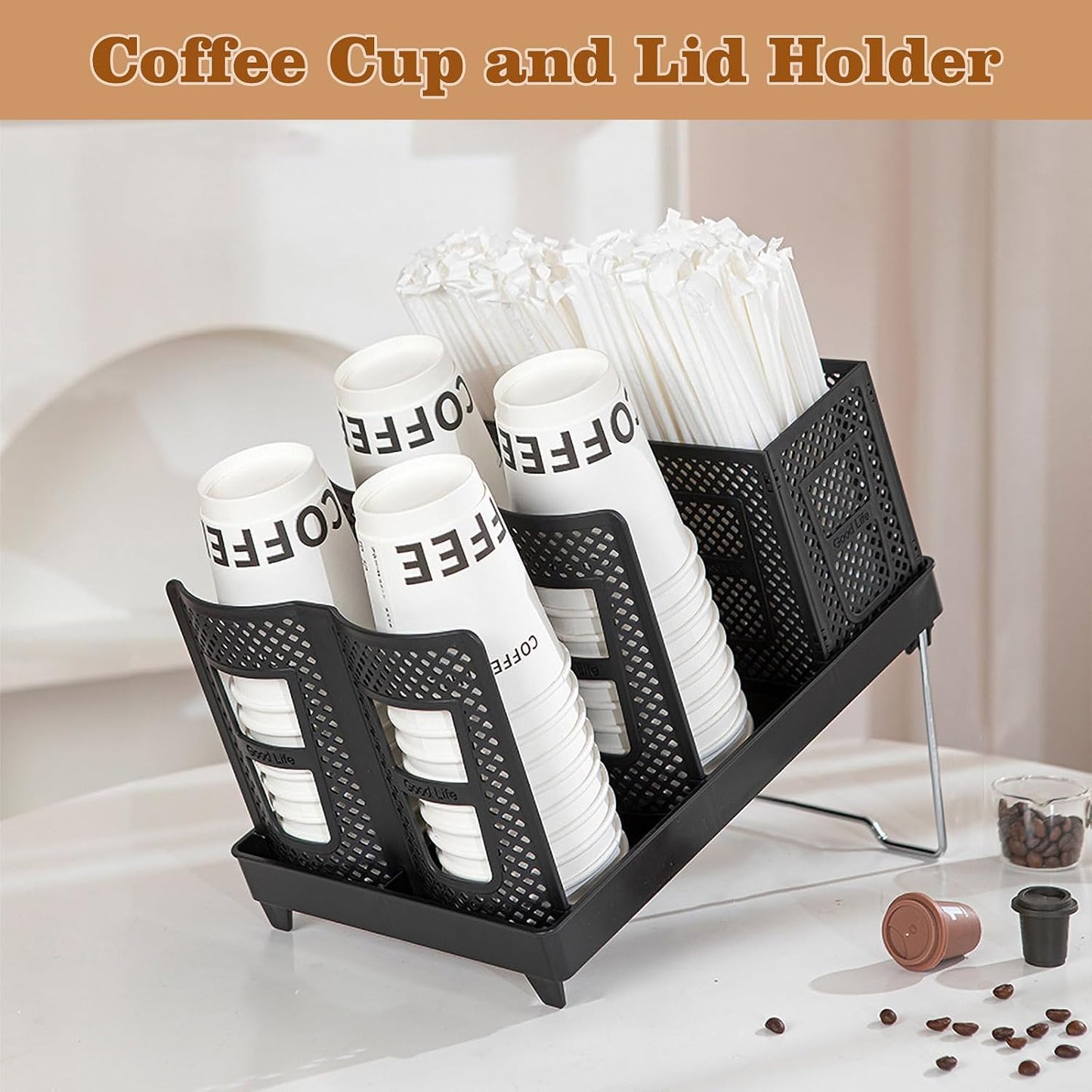 Cup and Lid Holder with Straw Organizer, 8-20oz Paper Cup Dispenser Unbreakable 2-in-1 Adjustable Disposable Paper Cup Holder for Countertop Coffee Station Home Office Bar