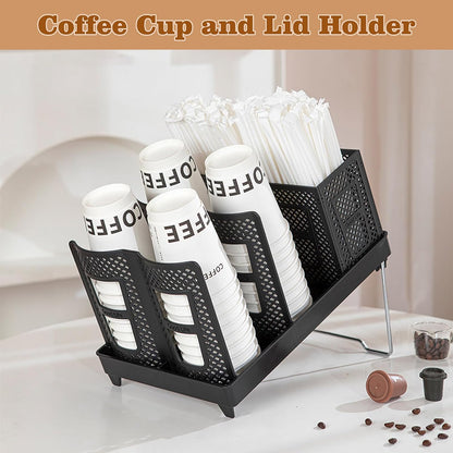 Cup and Lid Holder with Straw Organizer, 8-20oz Paper Cup Dispenser Unbreakable 2-in-1 Adjustable Disposable Paper Cup Holder for Countertop Coffee Station Home Office Bar