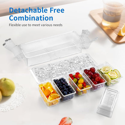 Ice Chilled Condiment Caddy Organizer with Detachable Ice Box & Side Bins, 5 Removable 2.5 Cup Containers with Lids, Clear Garnish Tray Server for Taco Bar, Mimosa, Fruit, Salad, Buffet (BPA-Free)