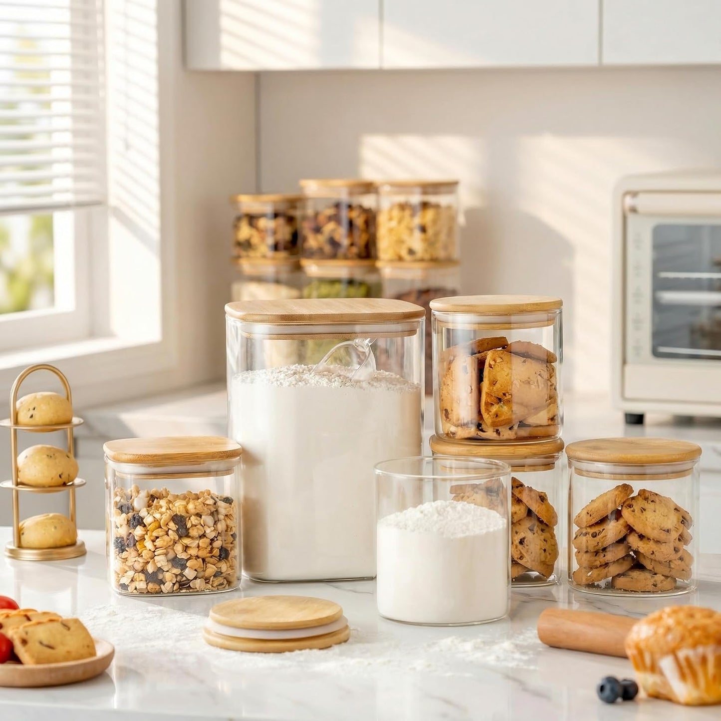 Extra Large Square Glass Flour & Sugar Storage Containers with Airtight Lids, 168oz 2 Pack Glass Jars with Bamboo Lids, Air tight Pantry Food Storage Containers for Cereal, Pasta, Rice Organizers