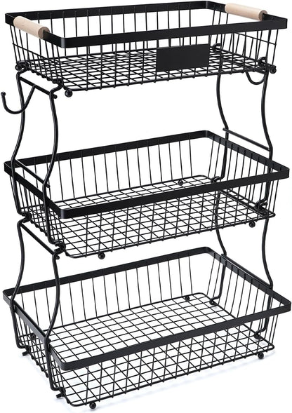 Fruit Basket Bowl 2 Tier Detachable with 2 Banana Hangers, Fruit Stand Holder for Kitchen Countertop, Metal Wire Vegetable Storage Organizer, for Bread Snack Veggies Produce, Black