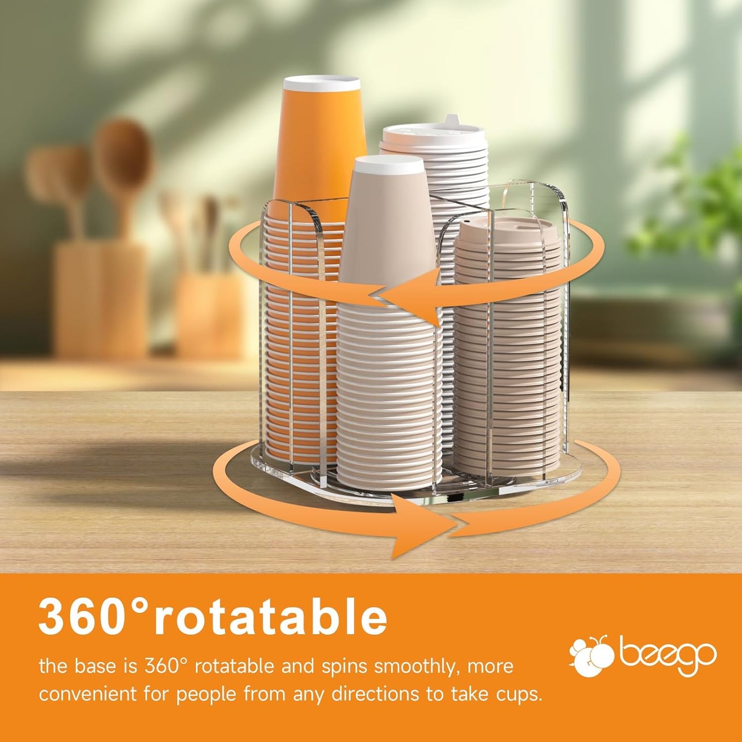 Beego Rotatable 4-Compartment Acrylic Cup Dispenser - Coffee Station Cup and Lid Carousel Countertop Plastic Cup Holder for Restaurant Breakroom Coffee Bar