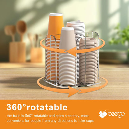 Beego Rotatable 4-Compartment Acrylic Cup Dispenser - Coffee Station Cup and Lid Carousel Countertop Plastic Cup Holder for Restaurant Breakroom Coffee Bar