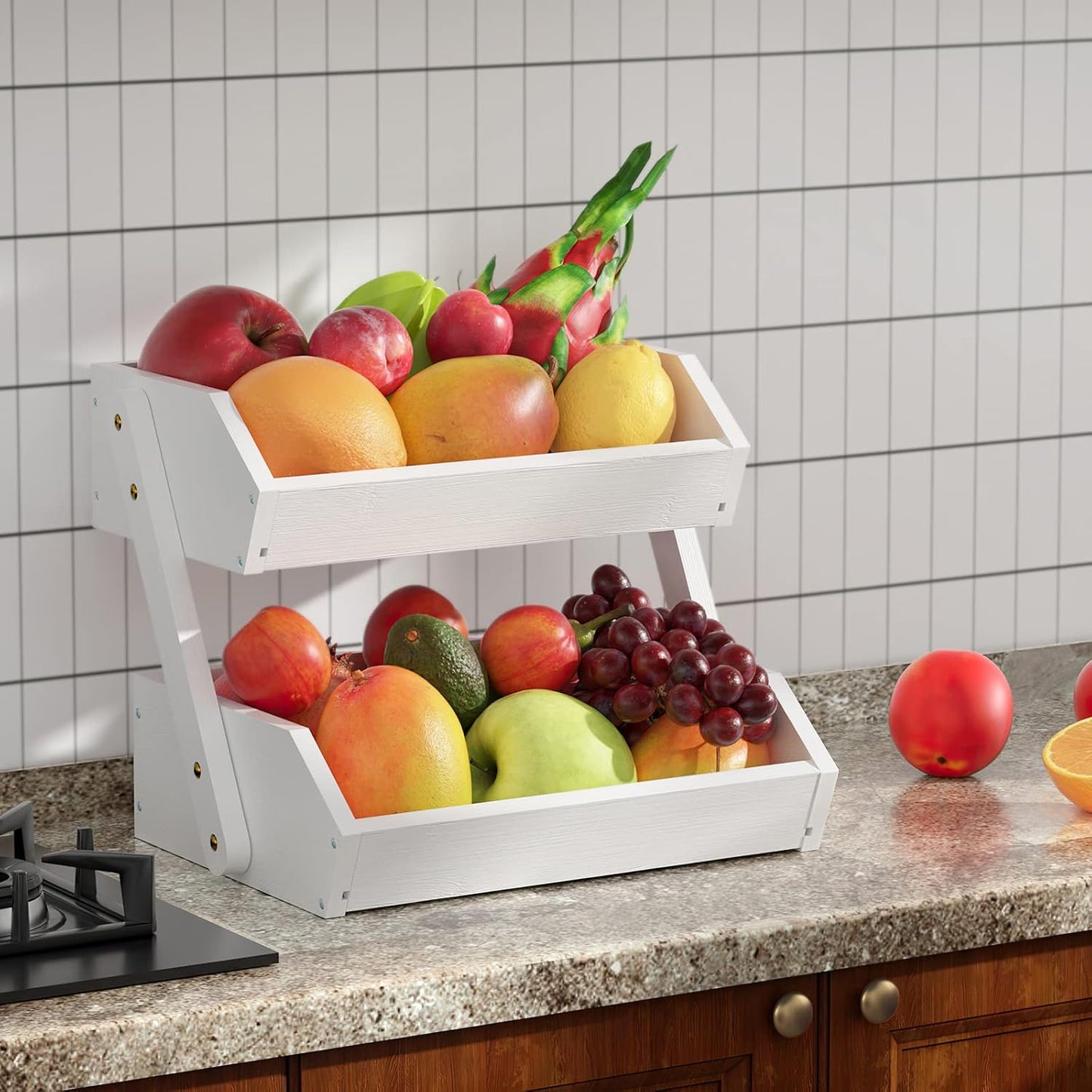 G.a HOMEFAVOR Large Bamboo Fruit Basket, 2-Tier Fruit Bowl for Kitchen Counter, Vegetable Storage Stand for Fruit Shop, 15 mm Thickness (Self-assembly)