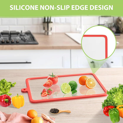 Freshmage 2Pcs Tempered Glass Cutting Boards for Kitchen, Glass Cutting Board Set (15"x10" & 12"x8") with Non-Slip Silicone Edges and Hanging Hole, Clear Cutting Board for Countertop & Chopping