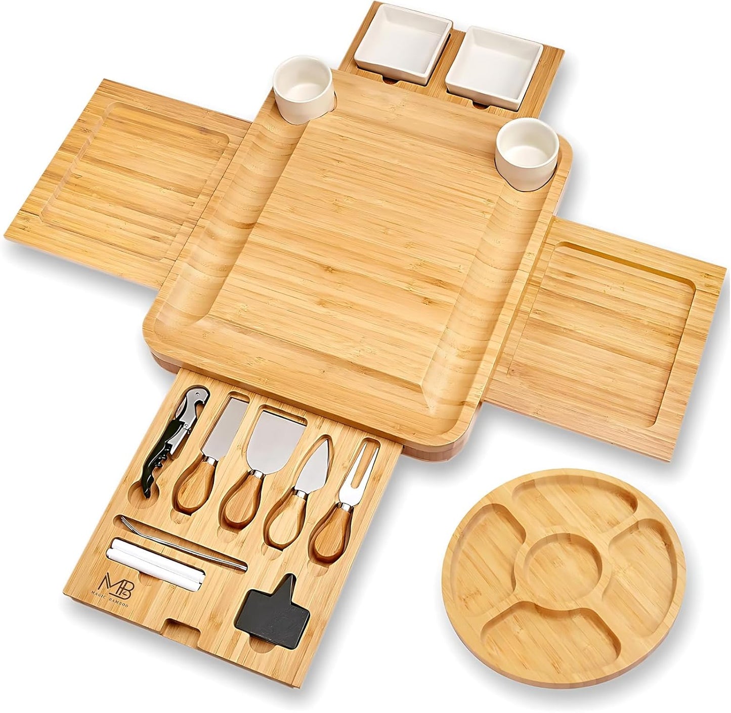 Large Bamboo Charcuterie Boards Gift Set with 4 Hidden Drawers, Cheese Knives, Ceramic Bowls & Plates, Recipe Book, Perfect House Warming Gifts New Home