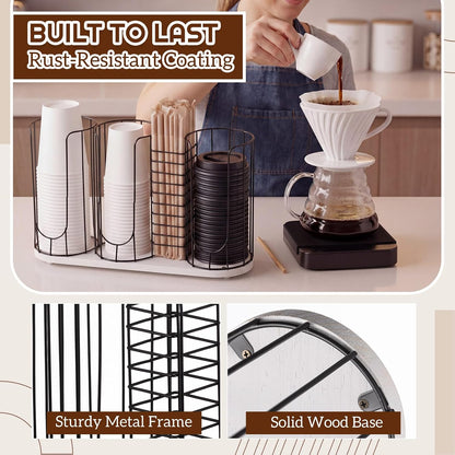 Geelin 18oz Adjustable Coffee Cup Dispenser with Wooden Base, Cup and Lid Holder, Cups Holder Organizer for Coffee Pod Straw and Lid Storage(2-compartment Single,Color 2)