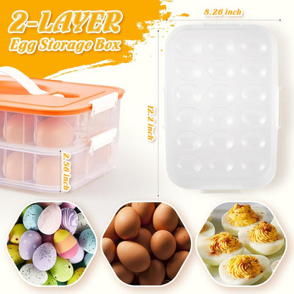 2-Layer Deviled Egg Containers with Lid, 36 Slots Deviled Egg Tray Carrier with Handle and Deviled Egg Injector Piping Tool, Portable Egg Storage Carrier Tray Platter for Party Picnic Travel (white)
