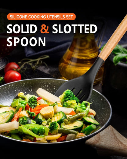 Large Silicone Cooking Spoons, 2 Pack Nonstick Solid and Slotted Wooden handle Spoon Set, Heat Resistan Silicone Kitchen Spoons for Cooking, Serving, Basting, Mixing (Khaki)