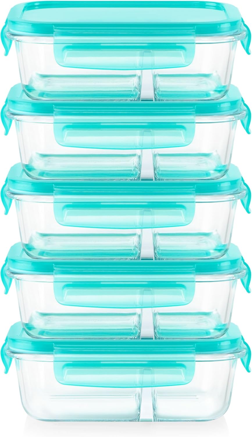 Pyrex Glass Meal Box (5-Pack, 2.3 Cup) Divided Compartments with Locking Lids, For Meal Prepping and Portioning, BPA Free Microwave Dishwasher Safe