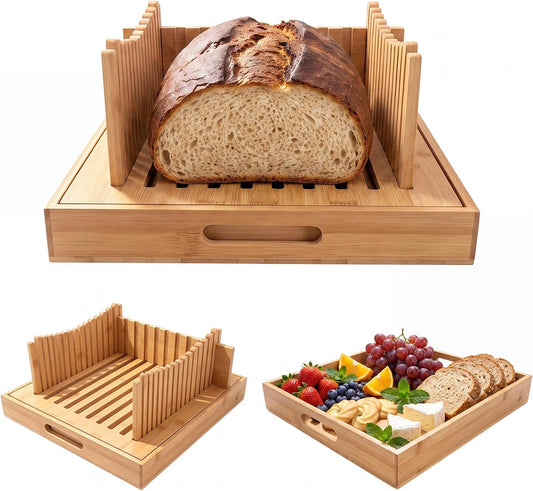 Bread Slicer for Homemade Bread – Manual Sourdough Bread Slicer with Crumb Tray, Adjustable & Foldable Bamboo Cutting Board for All Bread Types, Easy to Clean and Store.