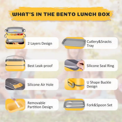 Stainless Steel Bento Box for Adults&Kids,Japanese Leakproof Lunch Box Divided Food Meal Storage Containers Set Stackable 2 Layer for Children School Picnic Beige