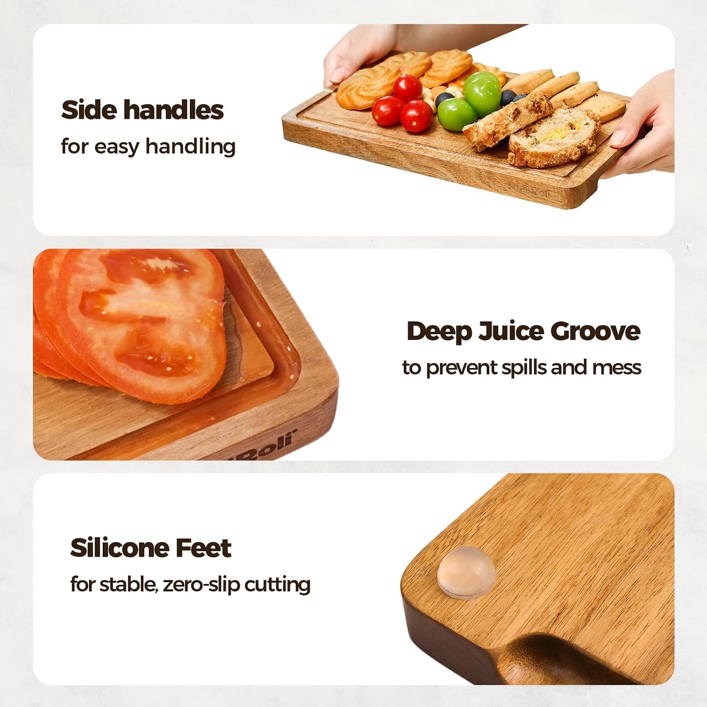 Acacia Wood Cutting Board for Kitchen, Set of 3 - Durable Thick Chopping Boards with Juice Grooves & Handles for Prep & Serving, Impressive Gift for Housewarming, Christmas, and Home Chefs