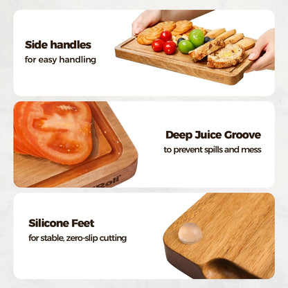 Acacia Wood Cutting Board for Kitchen, Set of 3 - Durable Thick Chopping Boards with Juice Grooves & Handles for Prep & Serving, Impressive Gift for Housewarming, Christmas, and Home Chefs