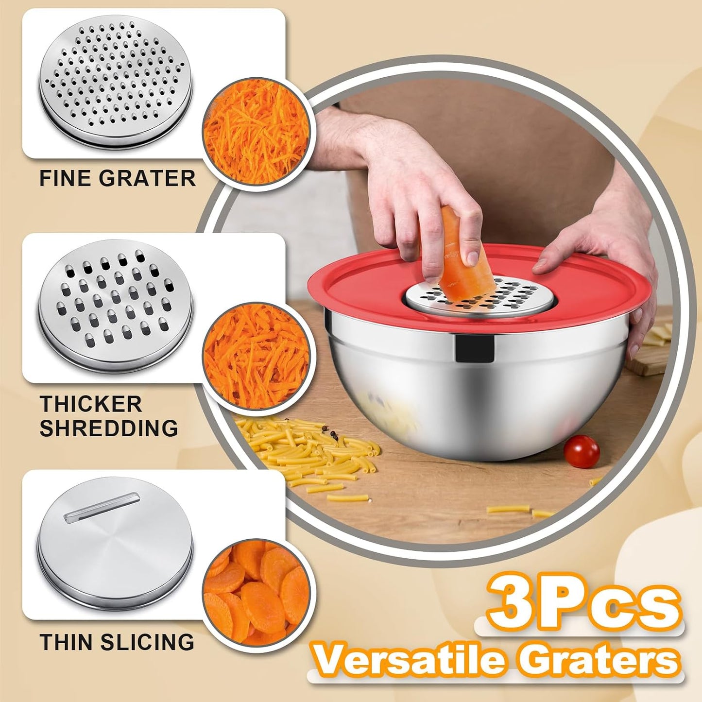 P&P CHEF Mixing Bowls with Lids Set of 6, Stainless Steel Nesting Salad Bowl & 3 Grater Attachments for Prepping Storing, 4.6/2.6/2/1.5/1/0.7 QT, Khaki