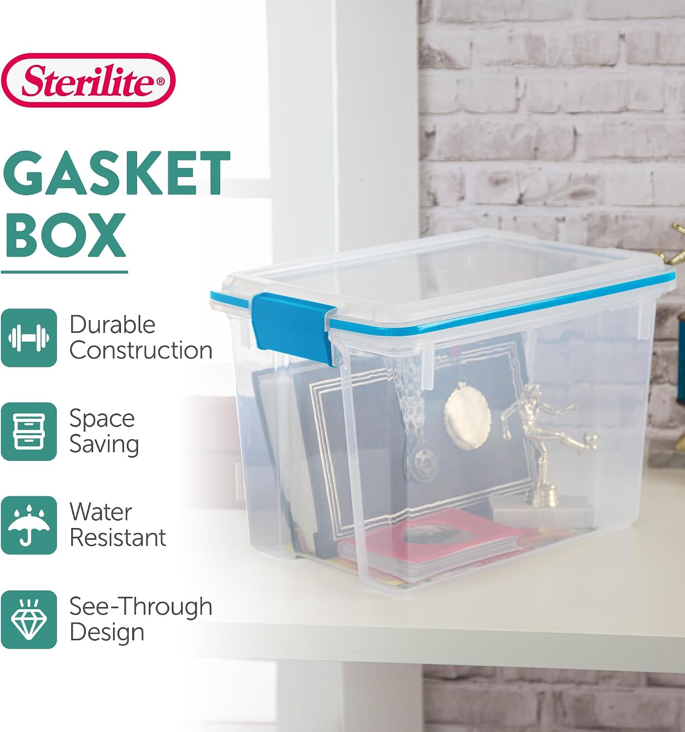 Sterilite 20 Qt Gasket Box, Stackable Storage Bin with Latching Lid and Tight Seal, Plastic Container to Organize Basement, Clear Base and Lid, 1-Pack