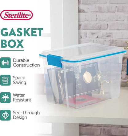 Sterilite 20 Qt Gasket Box, Stackable Storage Bin with Latching Lid and Tight Seal, Plastic Container to Organize Basement, Clear Base and Lid, 1-Pack