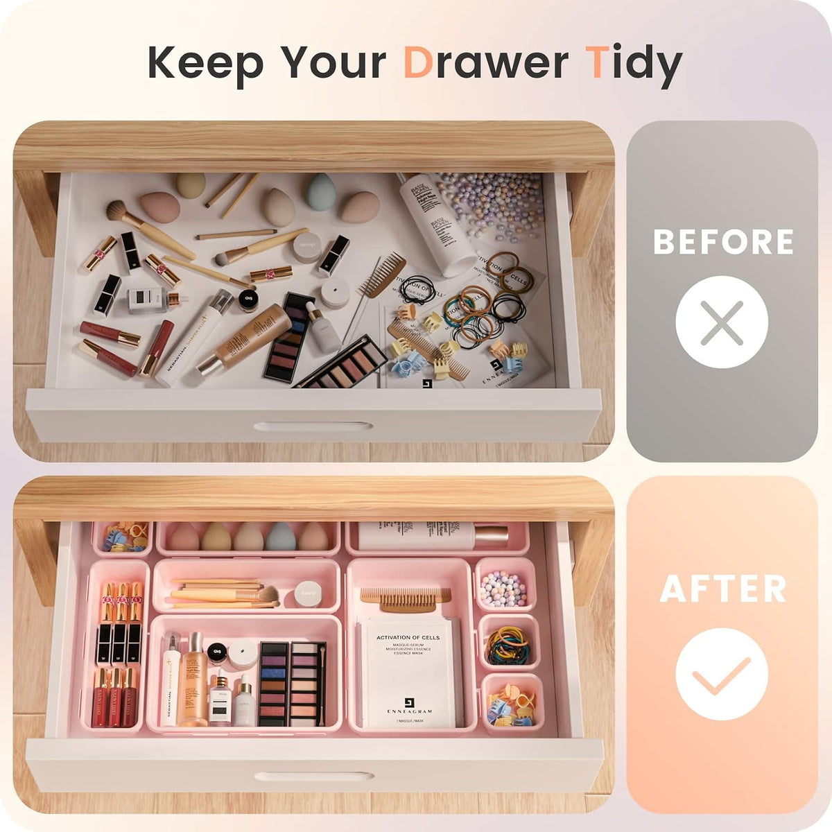 A-LuGei 【Military Grade】 Drawer Organizer,【𝟱𝗦𝗶𝘇𝗲】 Makeup organizer,【Holds 177 Items】 Bathroom Organizers and Storage,Organization and Storage,Desk Drawer Organizer for Vanity【Clear】