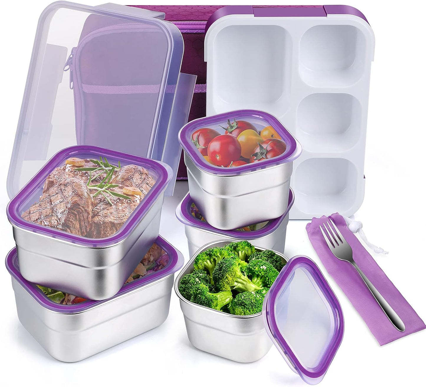 DaCool Stainless Steel Lunch Box Bento for Kids Adults Leakproof BPA-Free Metal Lunch Containers Tray 5-Compartment with Fork for Girls Food Snack Containers for School Outdoors, Pink