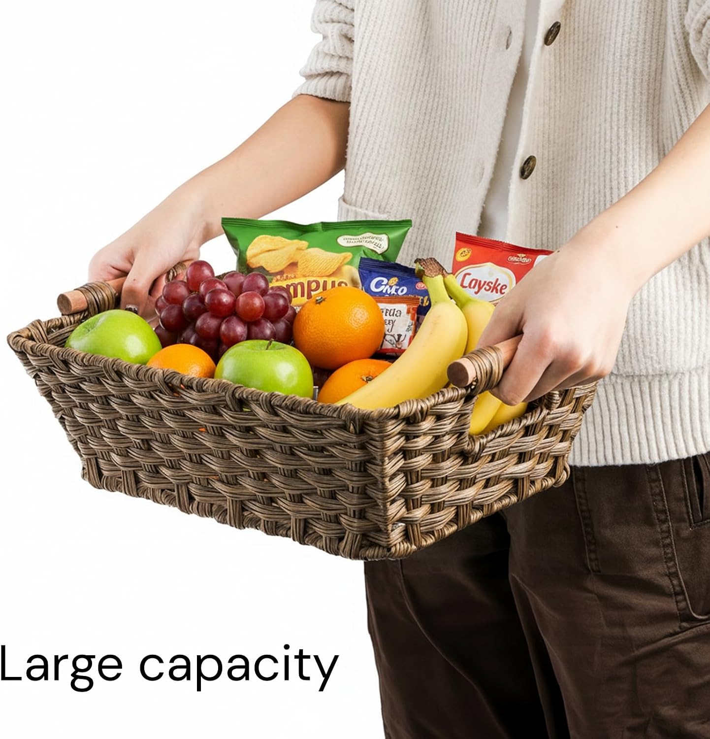 2 Pack Brown Wicker Storage Basket, Metal Frame Hand Woven Organizer Bin with Handle, 14.6"L x 10.7"W x 5"H Waterproof Rattan Laundry Organizer Totes for Pantry, Living Room, Bathroom