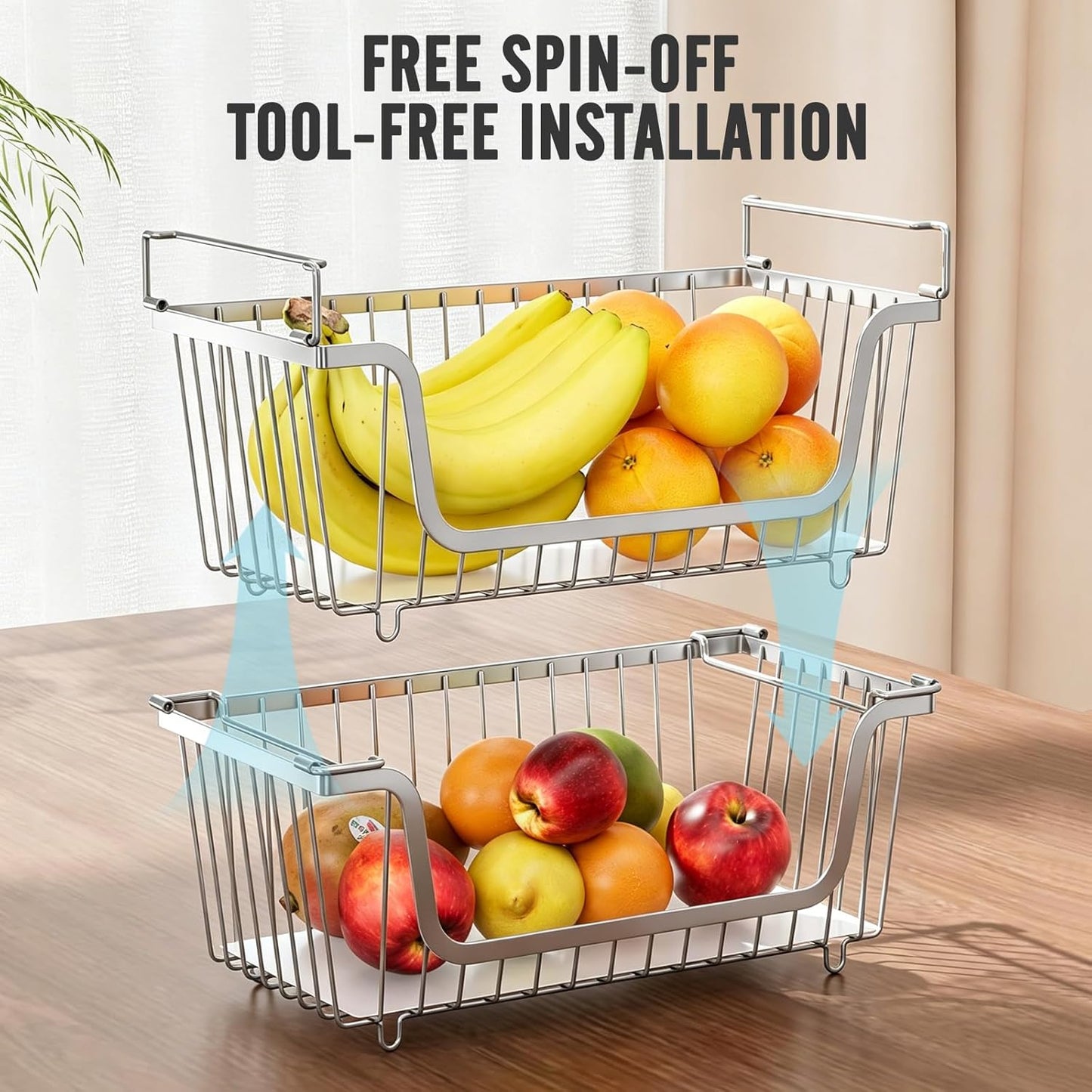 GAOKASE 4 Pcs Stackable Wire Baskets for Pantry Organizers and Storage,Vegetable Fruit Basket for Countertop,Kitchen Storage Metal Baskets,Produce Potato Onion Storage Bin-Black